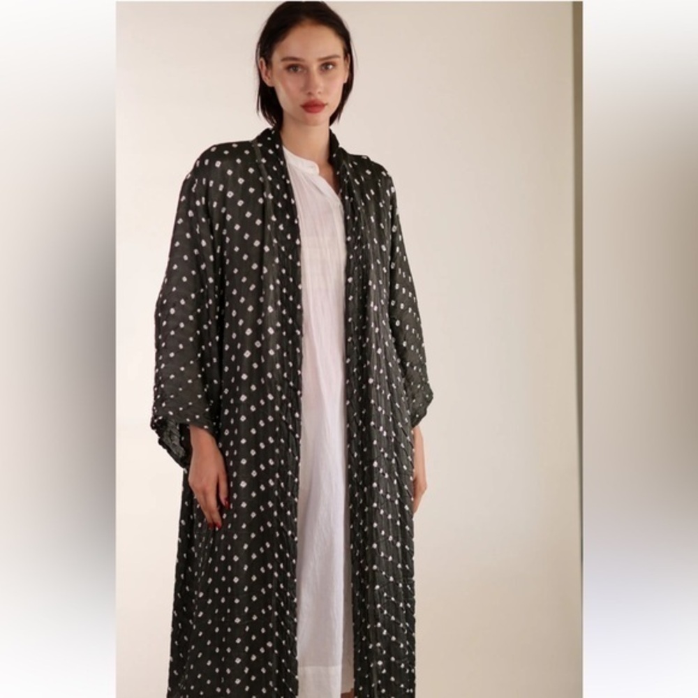Vintage Japanese Bohemian Dramatic Polka Dot Kimono Coat Black White One size